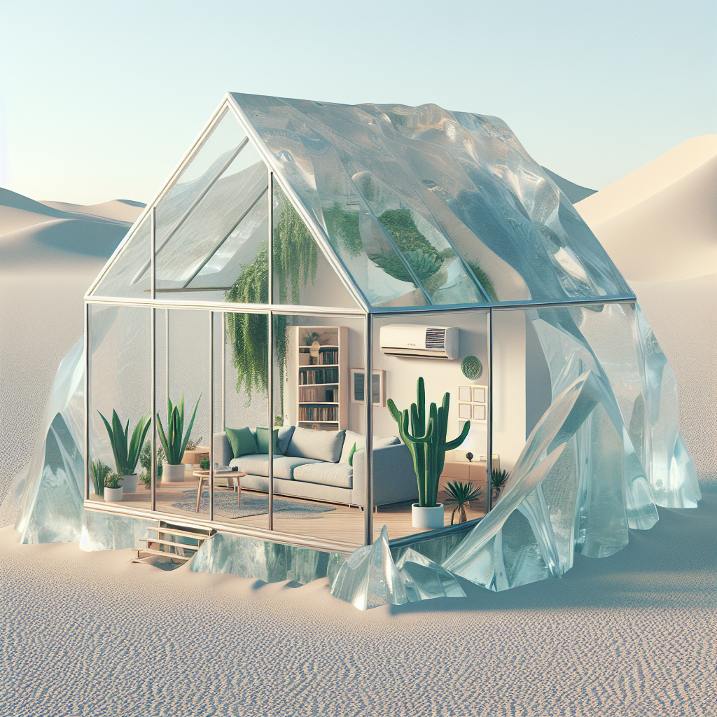 Generate an image of a house made entirely of glass, shaped like an iceberg, situated in the middle of a desert. The interior of the glass house should be visible, with a couch, green plants, and an air-conditioning unit forming part of the furnishings.