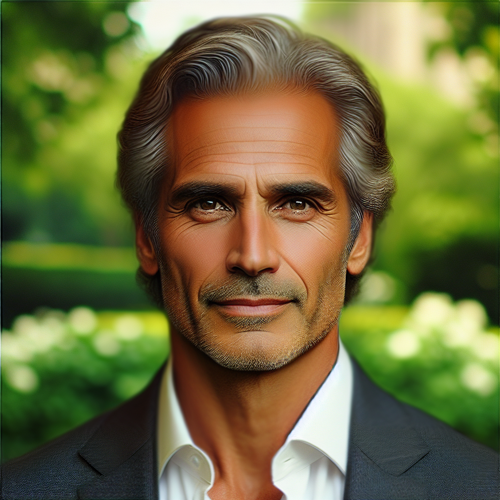 Generate an image of a man who embodies perfection. Picture him as middle-aged with distinguished salt-and-pepper hair and expressive eyes full of wisdom. His physique is athletic and he is dressed in formal attire. His skin carries an olive tone, a detail point to his Middle Eastern descent. Balance chiseled facial features with a warm, inviting smile. Around him, add a background setting of a lush, tranquil garden, showcasing nature's perfection mirroring his own.
