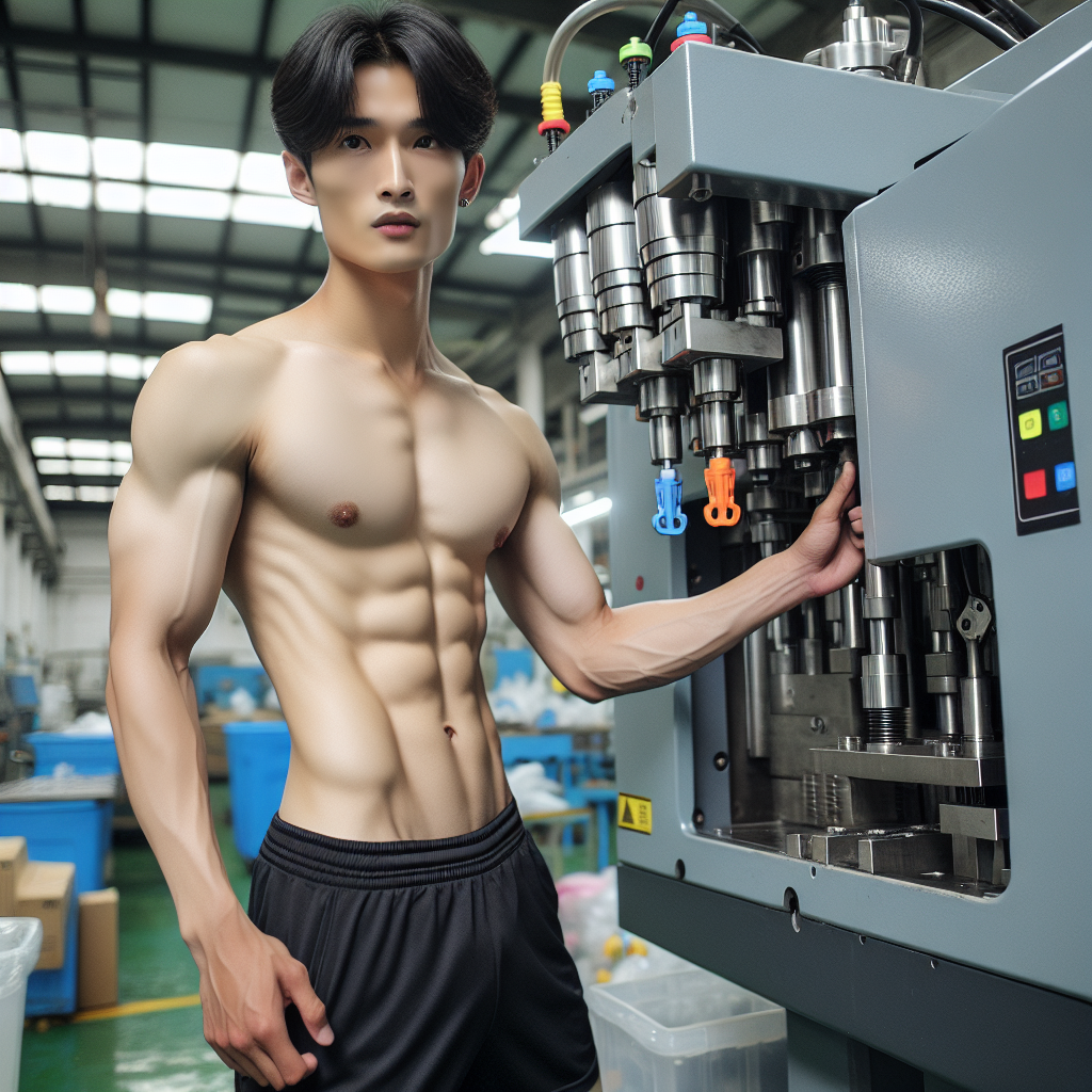 A Chinese young man with immaculate body lines is depicted. He is attired in sports shorts and a T-shirt. He is standing next to an injection molding machine in a factory, instructing the workers. His expression is one of seriousness.