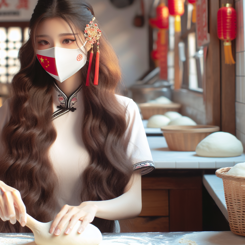 A young Chinese girl with luscious long hair wearing a mask, which has a design of the Chinese flag. She's in traditional Chinese work attire, working intently in her bun shop. She's kneading dough, surrounded by a clean and tidy shop. The whole scene should evoke a feeling of ethereal beauty.