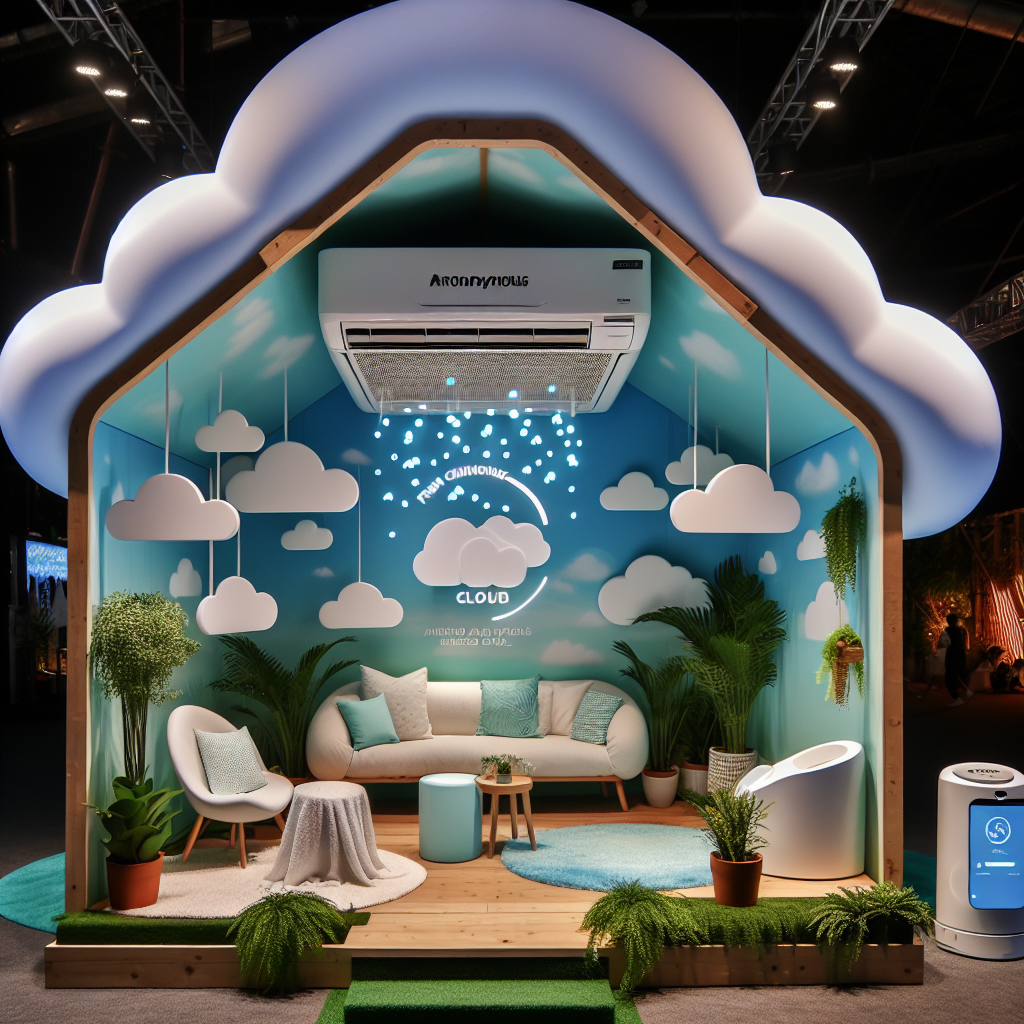 Imagine an experience zone designed as a cloud-shaped cabin featuring a white fresh-air conditioning unit by an anonymous home appliances manufacturer. The interior of the hut is adorned with sky blue and nature-inspired green hues, furnished with plants and comfortable seats to offer a peaceful retreat amidst the noise of a music festival. This set-up epitomizes a refreshing atmosphere, akin to being adrift amongst clouds. Clean air, rich in negative ions, is circulated via the fresh-air conditioner, allowing visitors to experience the sensation of 'fresh oxygen caressing their faces'>. A feature that could be included is a real-time display of 'Fresh Air Index', illustrating the effectiveness of the fresh-air conditioner in improving air quality.