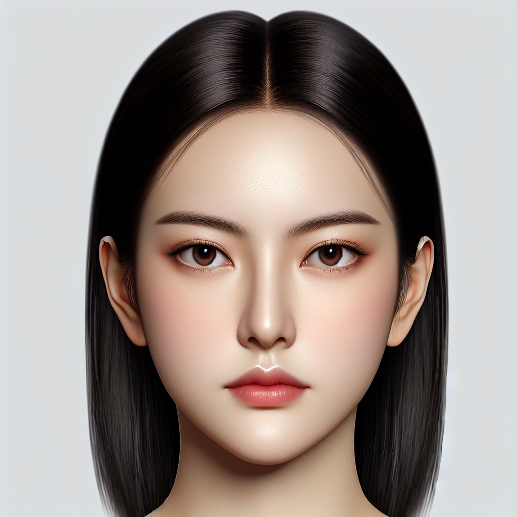 Create a frontal image of a beautiful modern Chinese woman with a serious expression. She has an oval-shaped face, fair skin, almond-shaped eyes, small lips, and straight black long hair.