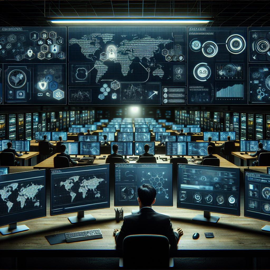 A comprehensive solution for monitoring and handling data leaks in the dark web. The imagery should illustrate a high-tech environment with multiple computer screens depicting various data flow analytics and cybersecurity measures. Also, include an Asian male cybersecurity specialist working at a central station with various equipment. The visual should be dark-toned to reflect the 'dark web' theme.