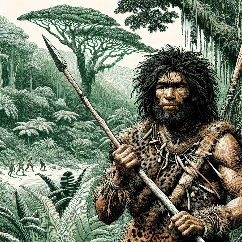 A detailed illustration of a prehistoric human. The person is typically dressed in clothing made of animal hides, with wild unkempt dark hair and a rugged complexion hardened by the elements. They are seen in a typical hunting stance, armed with a basic stone-tipped spear, against a background of a lush, prehistoric jungle filled with large ferns and towering ancient trees.