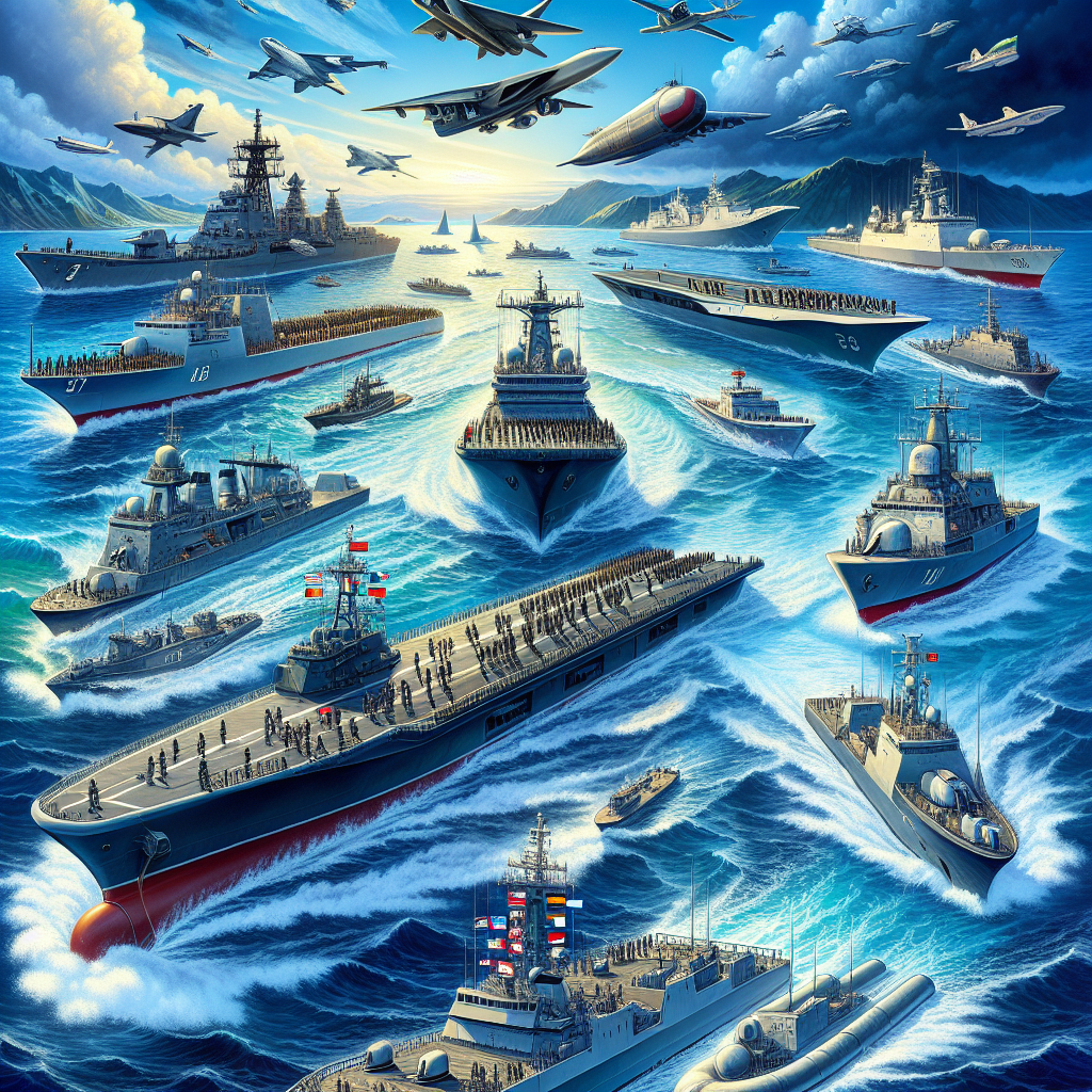 A dynamic scene portraying the international maritime forces. Display several warships with different designs and insignias indicating their respective countries. Include vessels like submarines, aircraft carriers, and frigates. Some ships should be in motion with waves around them, while others are stationary. The ocean's color varies, with deeper blues reflecting deeper waters and lighter ones for shallower areas. Above, a sky with both daylight and night-time portions, signifying the round-the-clock service of these naval forces. In the distance, a low-lying island with a lighthouse, symbolizing guidance and protection.