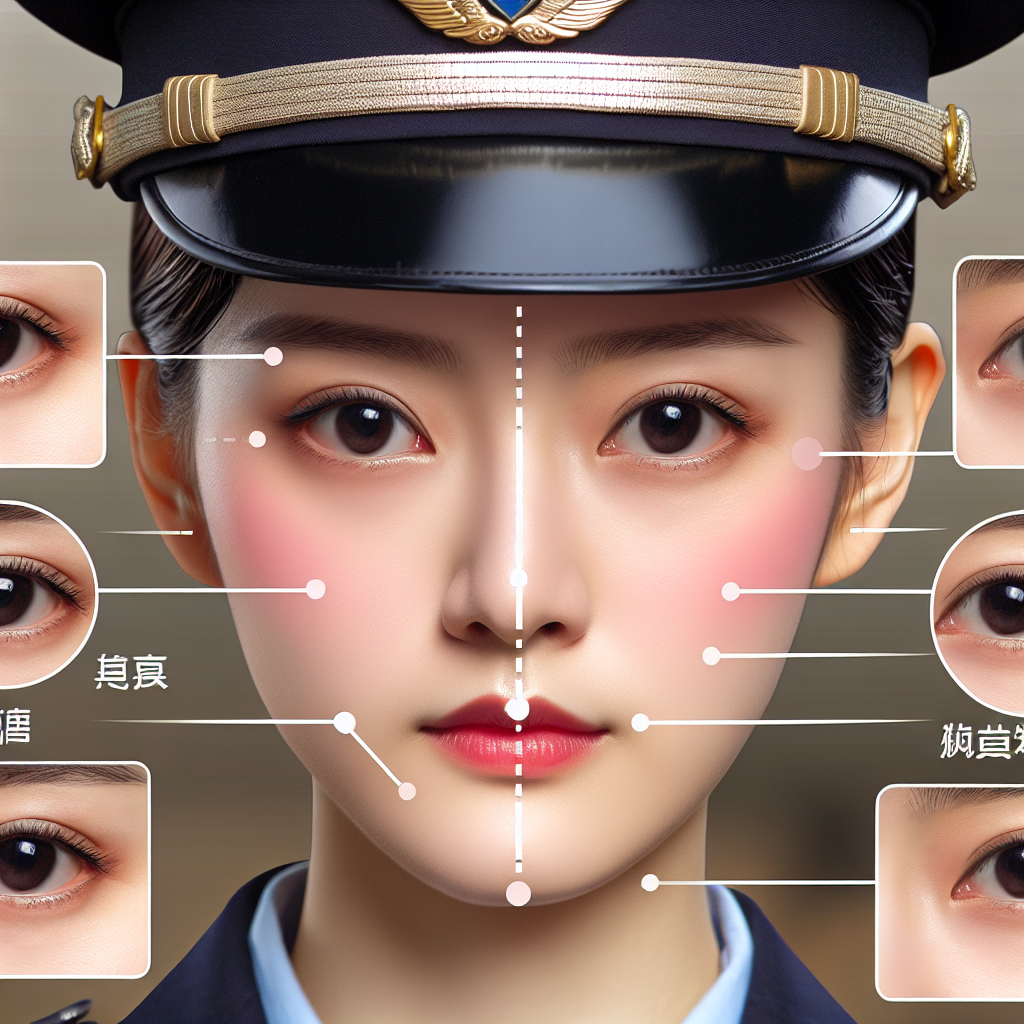 Create an image of a young and beautiful Chinese policewoman, as often depicted in movies. She has a melon seed shaped face, almond shaped eyes, black pupils, exquisite fair skin, and her hair is cut at ear-length. Focus on her face to clearly depict her features.