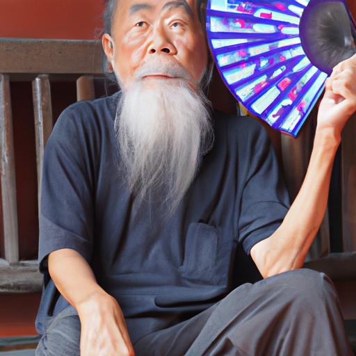 A Chinese old man with white beard sitting with fan in right hand.