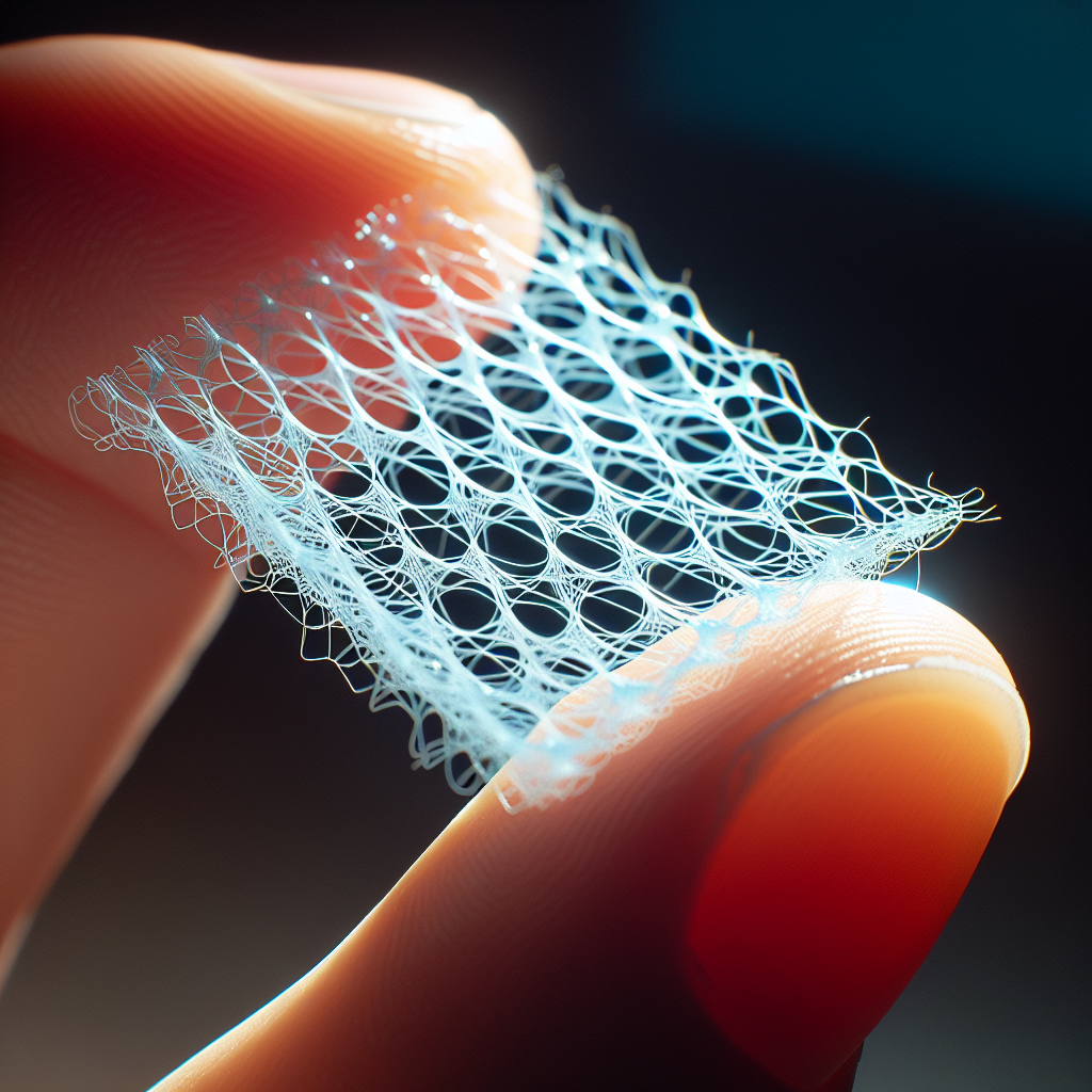 A small piece of polyurethane nanofiber mesh created through the process of electrospinning