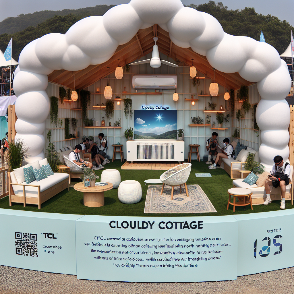 Create an image showing a unique experience area called 'Cloudy Cottage', an installation powered by TCL's innovative ventilation air conditioner. The structure resembles a white, fluffy cloud, and once inside, visitors encounter a distinct environment dominated by sky-blue and natural green hues in the decor, complemented by plant life and cozy seating arrangements. In the midst of a bustling music festival, this area serves as a peaceful retreat. The visuals ought to portray the refreshing ambience of being amidst clouds, thanks to the air conditioner circulating clean air enriched with negative ions, promising the sensation of 'fresh oxygen brushing the face'. Optionally, a real-time 'Fresh Air Index' could be integrated, visually displaying how the air quality improves with the air conditioner.