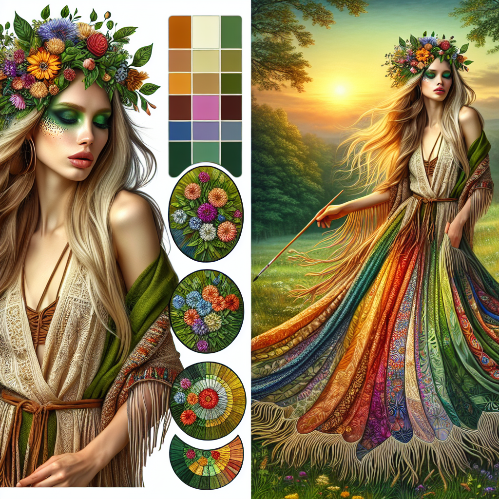 Create a detailed image of an appealing Caucasian blonde woman wearing an earthy makeup. She is adorned with a crown made of vibrant flowers. The woman is also clad in a flowing maxi dress exhibiting myriad colours in artistic patterns with fringed edges. The scene is set amidst a backdrop of a serene nature scene gradually fading into a sunset. The entire picture is dominated by a harmonious blend of green and gold hues.