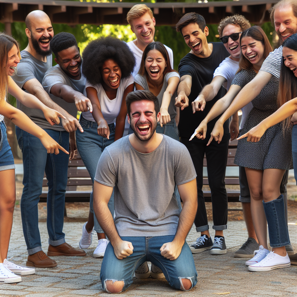 A group of people, each of a diverse range of descents including Caucasian, Hispanic, Black, Middle-Eastern, and South Asian, are all pointing and laughing at a single individual, who embodies strength and resilience in the face of ridicule. The people in the group range from males to females, exhibiting a mix of genders. The setting could be a public park during the day, with trees and benches in the background. Everyone is dressed casually - t-shirts, jeans, dresses - appropriate for a relaxed outdoor setting.