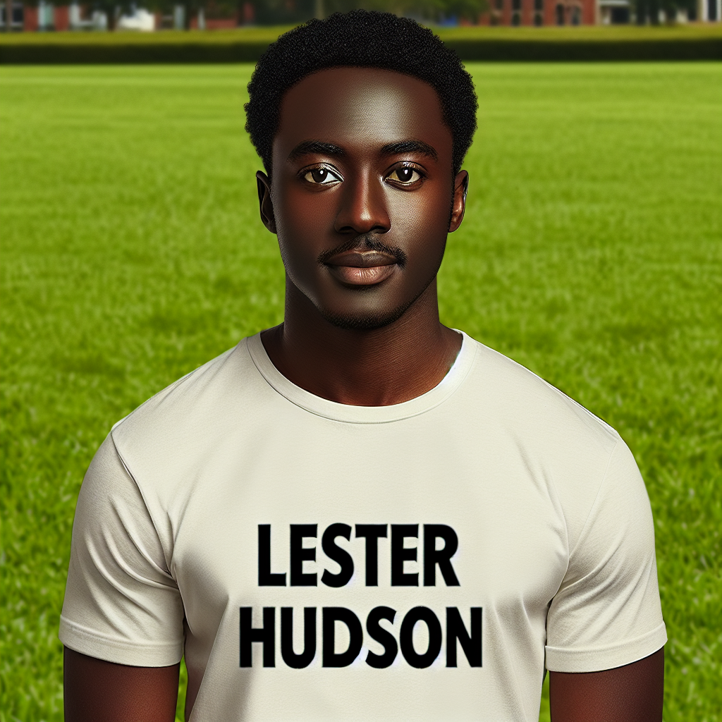 Imagine an image depicting an African gentleman standing on a green grassy field. This individual is wearing a white t-shirt that acts as a primary focus of the picture. The t-shirt is adorned with 'LESTER HUDSON' written in bold, black letters which is an important detail that needs to be prominently displayed. Since no specific facial details are mentioned, we can assume that the gentleman has a medium face shape, black hair, and bright eyes. So, overall, the image will portray a man with medium face shape, black hair and bright eyes, donned in a t-shirt saying 'LESTER HUDSON', against the background of a green field.