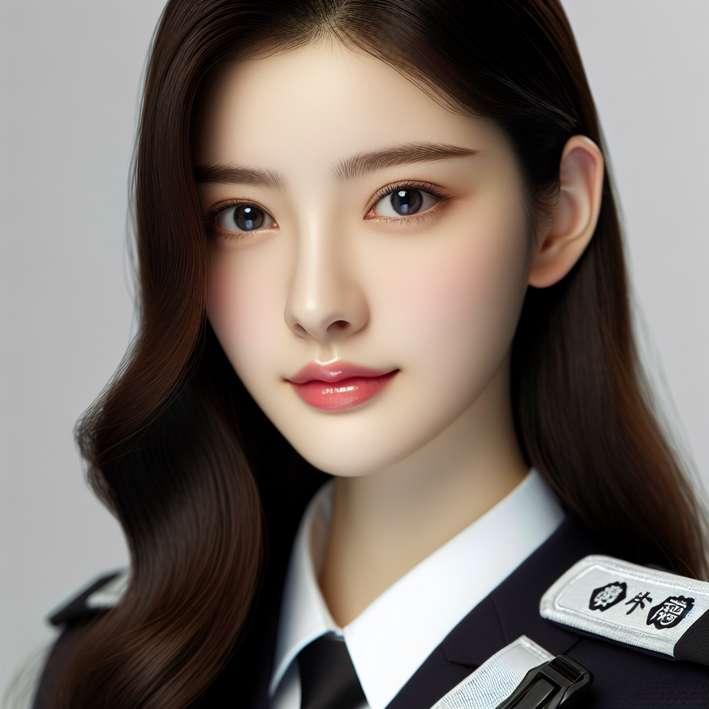 Create an image capturing the essence of a young, beautiful and disciplined Chinese policewoman. Her striking beauty is complimented with her oval, melon-seed-shaped face, charming peach blossom eyes, and fair porcelain-like skin. Her abundant long hair adds a note of glamour to her professional attire. The focus is on her clear and radiant face.