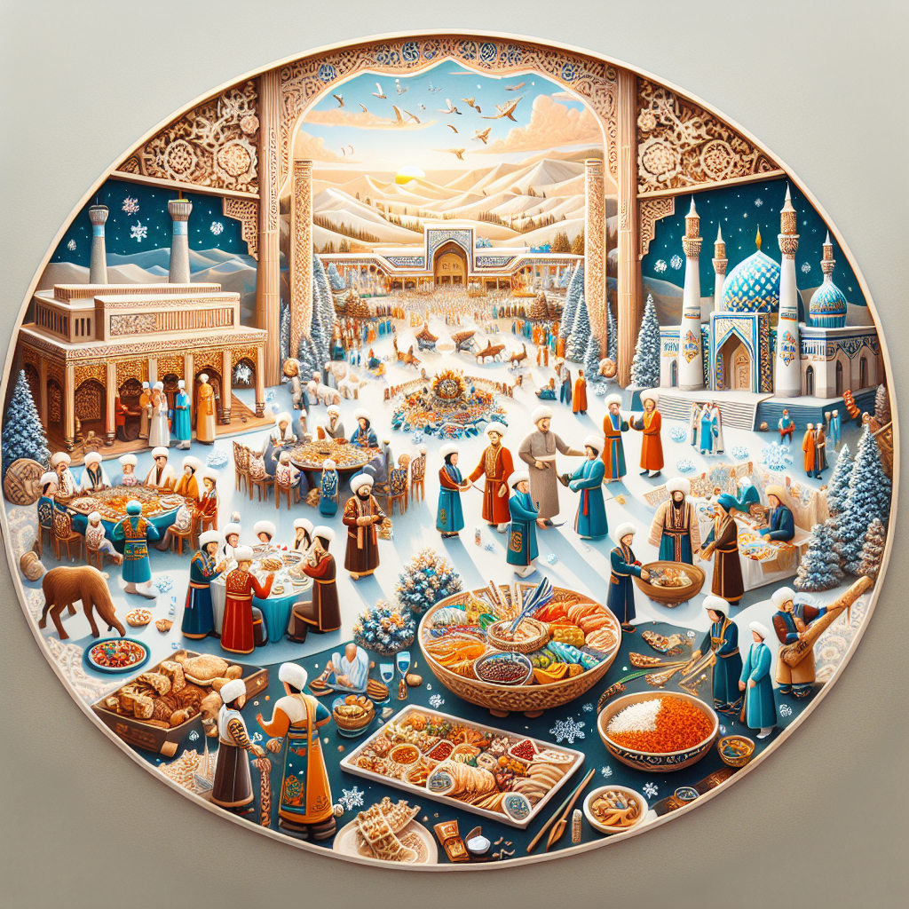A depiction of cultural events showcasing Kazakh heritage. This scene includes an exhibition of traditional Kazakh customs, a celebration of a Kazakh holiday, as well as a seasonal Kazakh food festival. The specifics of the year-round event schedule can be obtained either on the official website of the event venue or by consulting with the front desk agents.