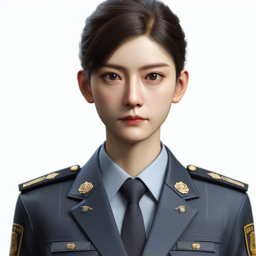 An image of a Chinese female police officer straight from a fictional novel. She should be in her formal uniform, and her face should be clearly visible, expressing determination and duty. Her hair is neatly tied up, enhancing her professional look.