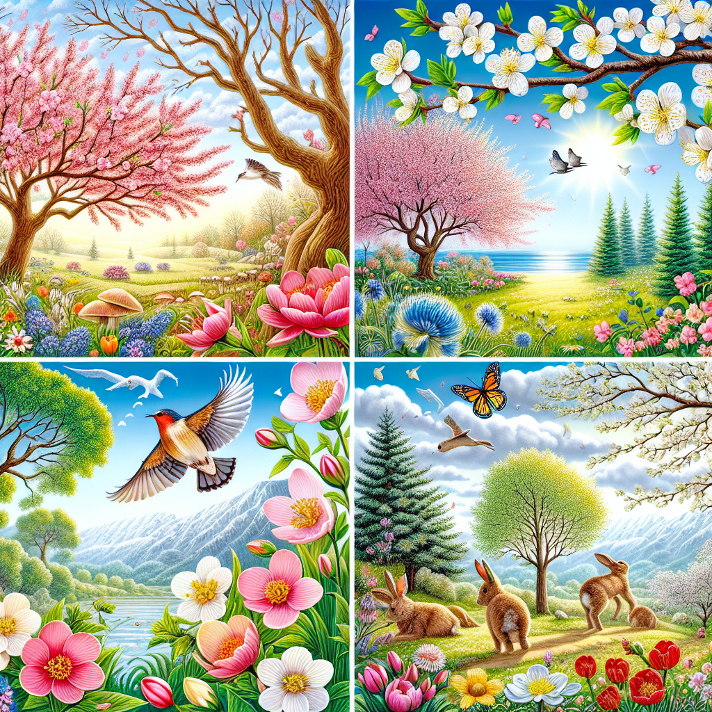 Create a beautiful scene depicting the rejuvenation of all things as spring arrives. Showcase blooming flowers, budding trees, animals coming out from their winter hiding places, clear blue skies speckled with flutters of playful clouds. Capture the freshness in the air, the vibrant colours all around, and the overall euphoria that comes with the arrival of spring.