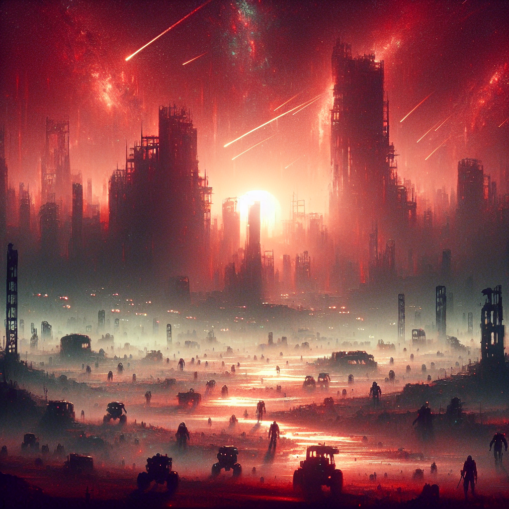 Generate an image in a sci-fi style, portraying a dystopian scenario of the end of the world. The scene showcases a desolate landscape filled with ruins of building structures, eerie beams of light filtering through layers of thick dust stirring up in the wind. Distant, a dilapidated skyscraper stands alone, a relic of a civilization long past. In the foreground, silhouettes of an assortment of robotic life forms, some on wheels, others walking, exploring the remnants of the earth. The sky is a haunting blend of blood red and deep orange, creating an ominous atmosphere that encapsulates the essence of a world facing its last days.