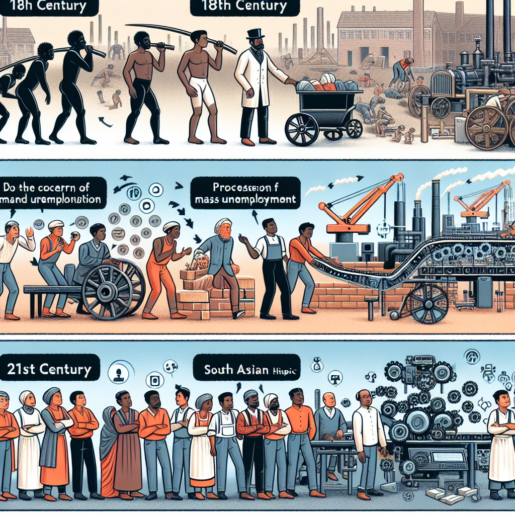 Create an image showcasing the progression from the dawn of the industrial revolution in the 18th century leading to the concern of mass unemployment due to rapid automation. Show people of various descents involved in the scenes. For example, depict 18th-century factories with Black and Caucasian workers hefting machinery parts. Then, transition into a 21st century scene where South Asian and Hispanic individuals are expressing concerns near automated manufacturing lines.