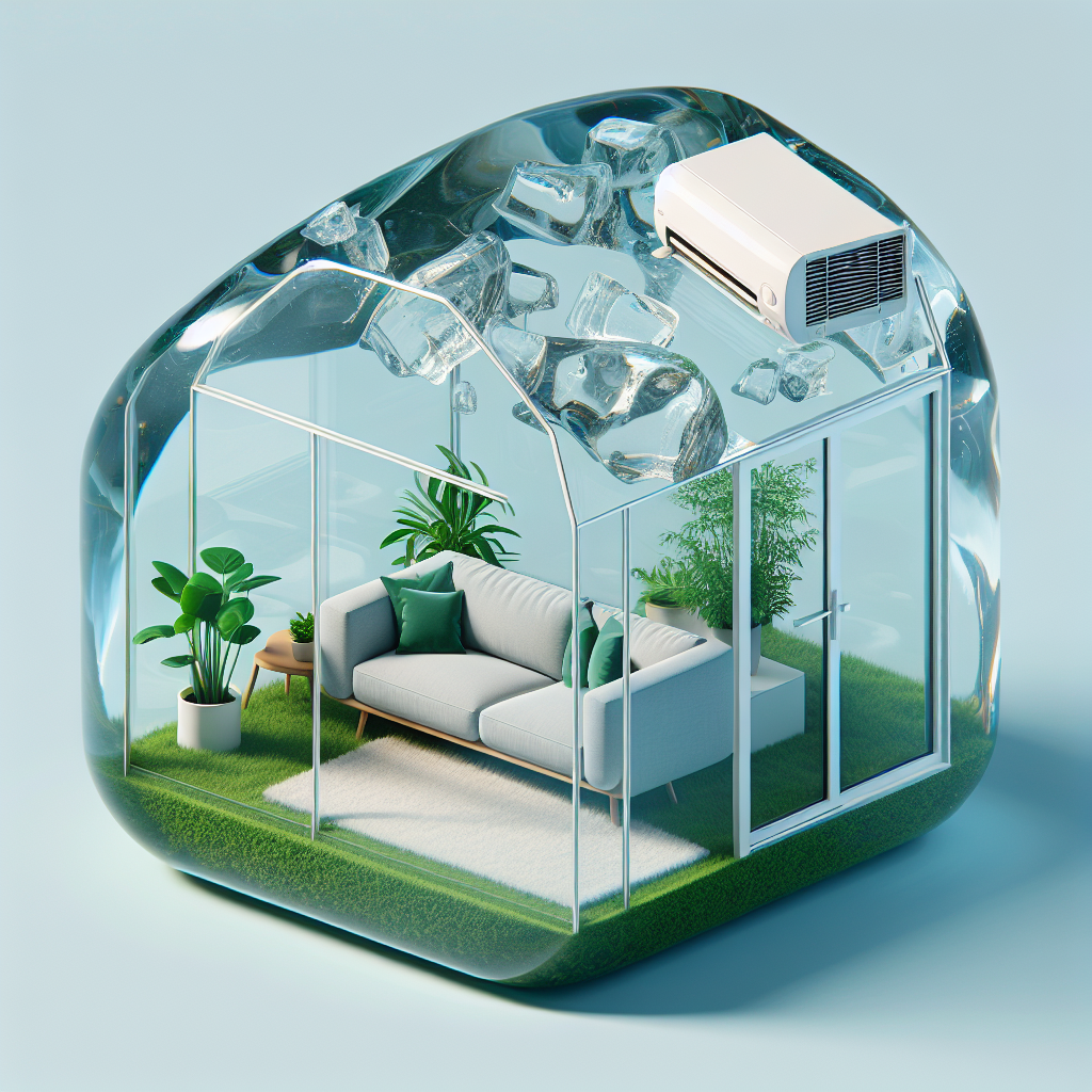 Create an image of a glass cabin shaped like an iceberg. The cabin is constructed purely of glass and contains a sofa, green plants, and an air conditioner inside.