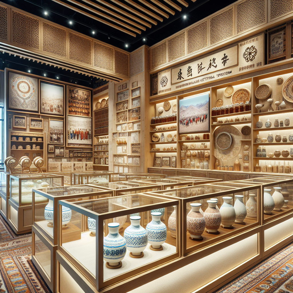 An image of the interior of a traditional museum dedicated to protecting, preserving, and promoting the culture of Kazakh traditional milk products called Kumis. Display cases showcasing the history and manufacturing processes of Kumis, alongside cultural exhibits about the culinary tradition of the Kazakh ethnic group. The space aims to be an important cultural tourism spot to enhance both regional and national appreciation for Kazakh culture in Xinjiang and across the country.