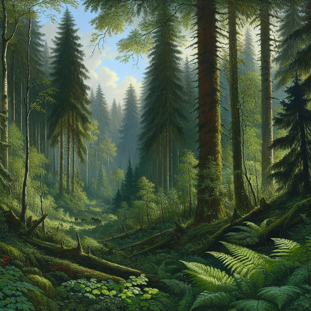 Create a realistic style painting of primeval forests in the context of Turgenev's 'A Hunter's Notes', set in Russia. The image should capture the untamed beauty and natural ruggedness of the forest, filled with dense thickets, towering trees, and verdant undergrowth. Include a glimpse of wildlife in the far distance.