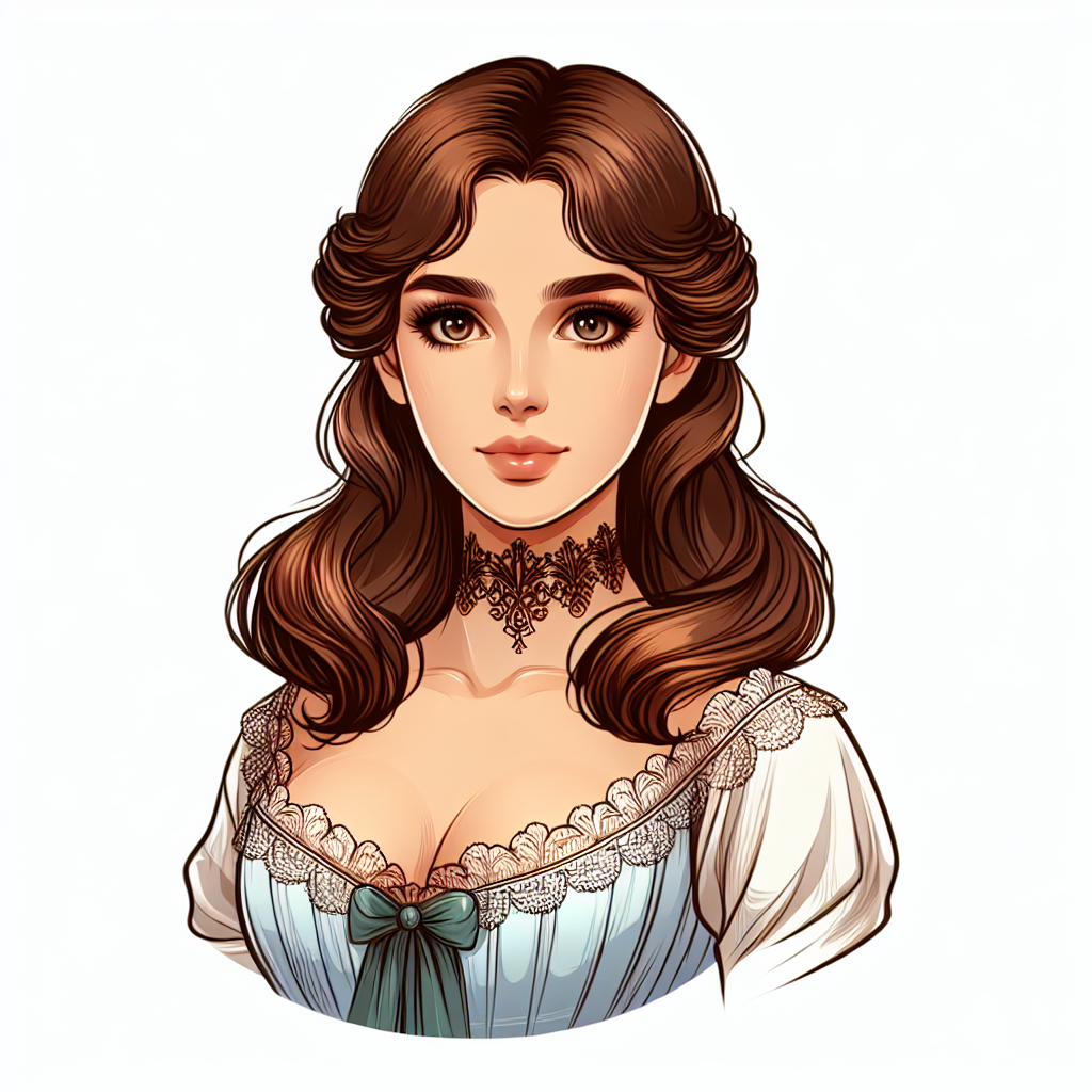 Create an image of the female protagonist from The Count of Monte Cristo, Mercedes. She is elegantly dressed in traditional 19th century French fashion. Her luxurious brown hair is neatly done, she has a slender physique and a kind expression. Her eyes are captivating, shining with intelligence and empathy.