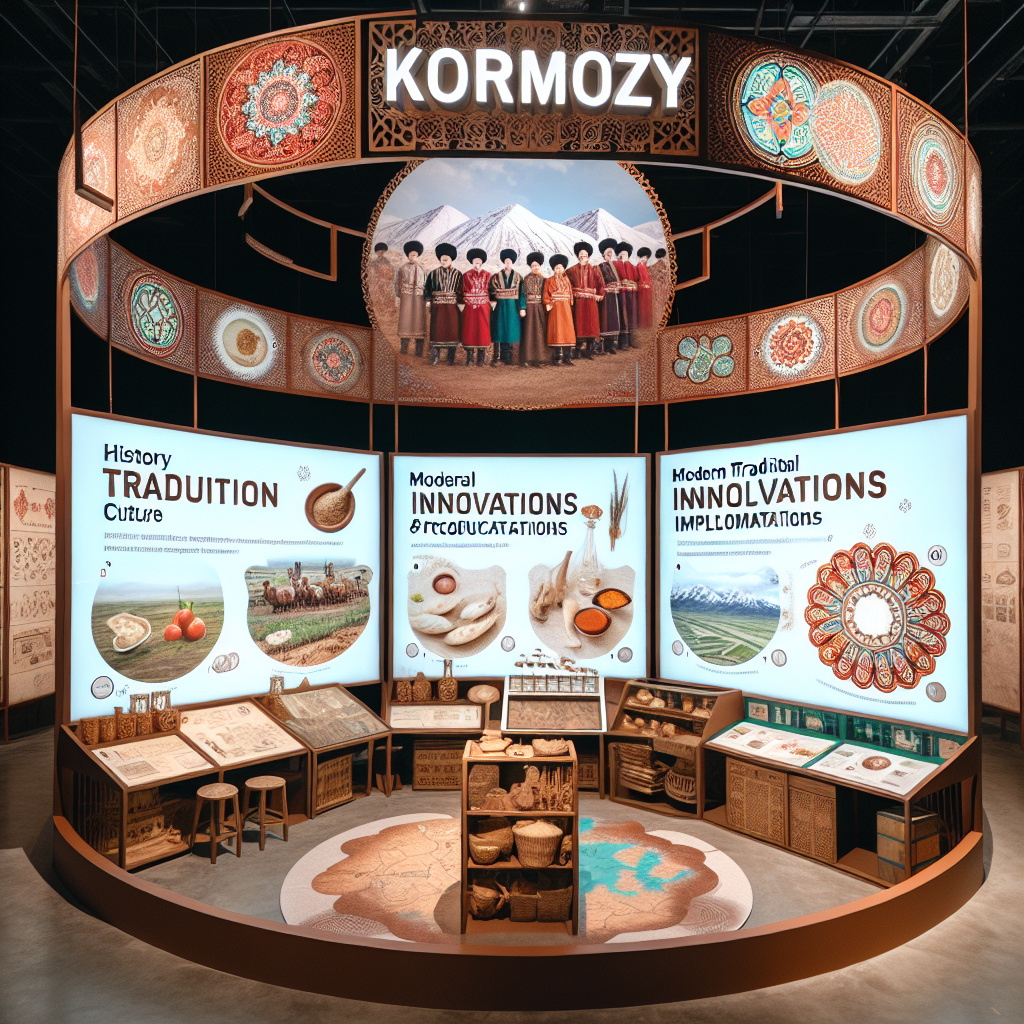 An inside view of an exhibition divided into different sections. The sections are as follows: the history and culture of Kormozy, traditional production techniques, modern innovations & implementations, and Kazakh dietary culture. Each part is displayed with the use of physical exhibits, multimedia presentations and interactive experiences, showing the cultural connotations and craft features of Kormozy in an all-encompassing way.