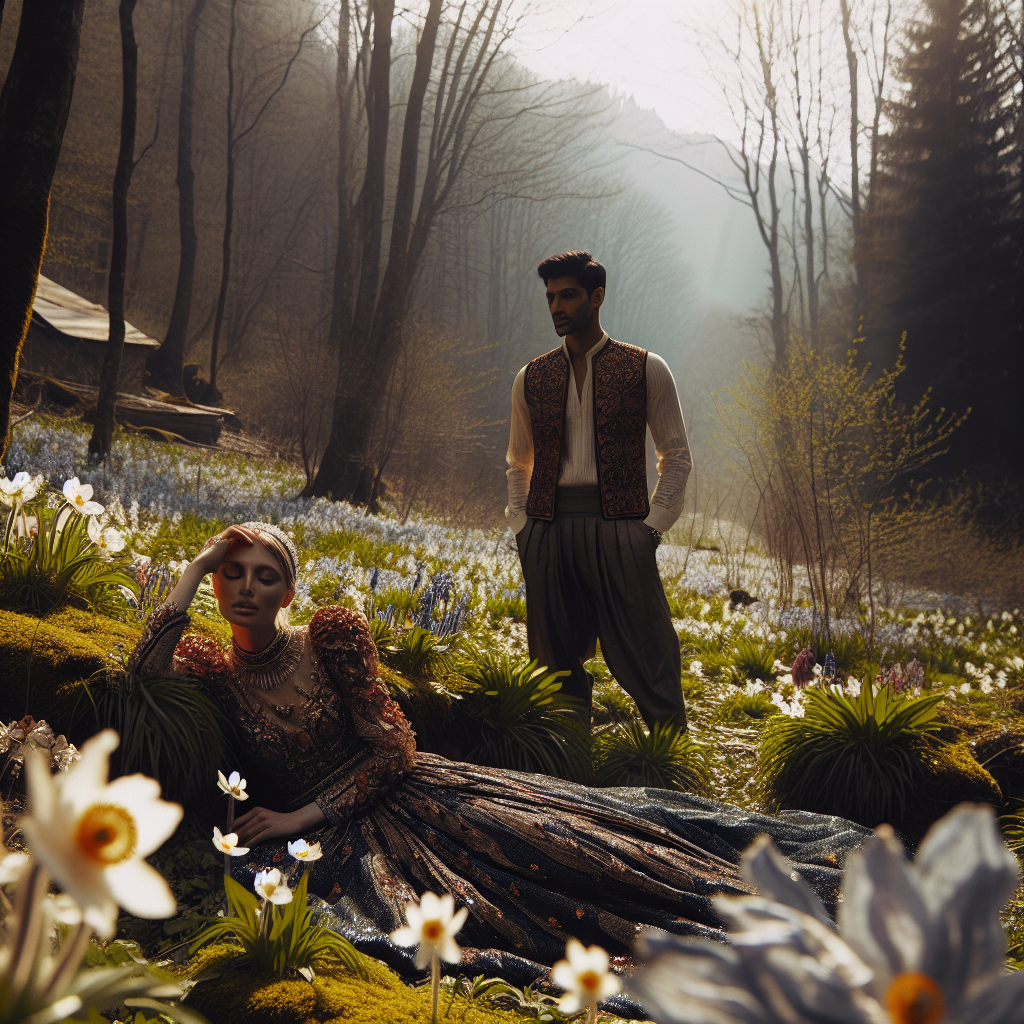 On a bright spring afternoon, in a forest filled with blooming mountain flowers, a man stands behind a woman. The woman, dressed in an incredibly alluring outfit, is lying down on the grass. The man is of South Asian descent and the woman is of Caucasian descent. The lightly rustling leaves and the rays of sun piercing through the tree canopy add to the mesmerizing allure of the scene.
