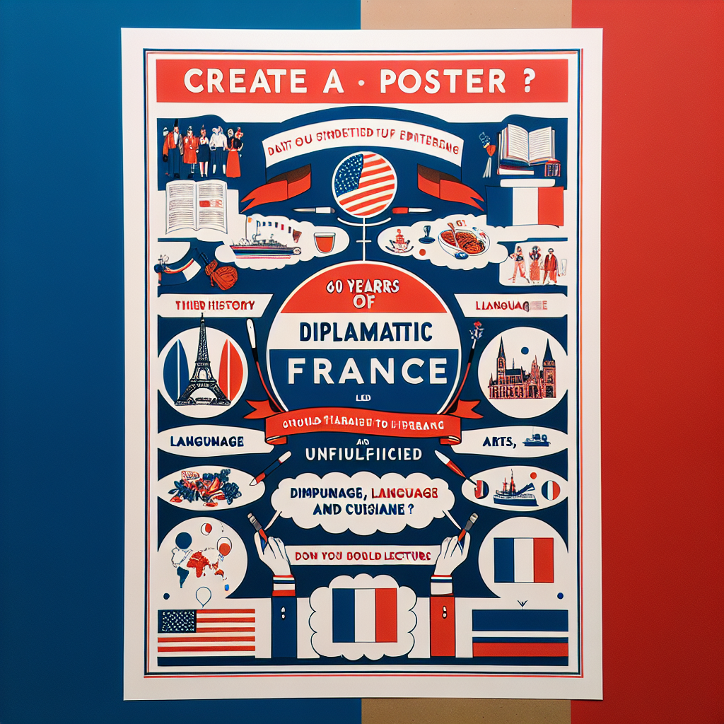 Create a poster celebrating 60 years of diplomatic ties between France and an unspecified country. The poster should prominently feature French history, culture, language, arts, and cuisine, but should not emphasize the culture of the other country. The background of the poster is recommended to be in red, white, and blue. The text should indicate that this is part of a series of lectures on French culture.