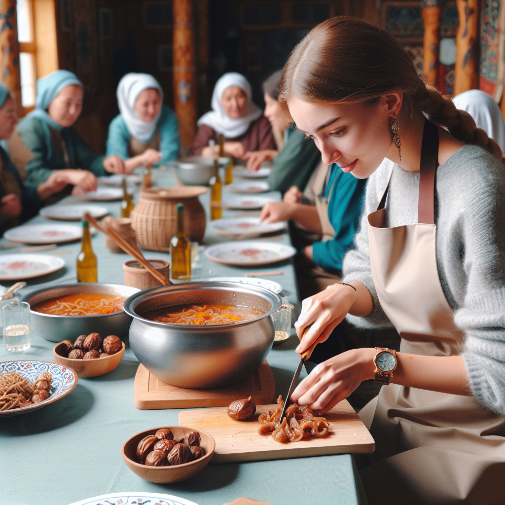 A culinary class dedicated to the preservation and promotion of traditional Kazakh food culture, with a specific focus on the preparation of Kormozy. Through hands-on lessons, participants are not only taught the techniques to make Kormozy but also learn about the cultural stories and nutritional values behind it. The scene is inclusive and inviting, aiming for each visitor to find a chance to get intimately connected with traditional culture.