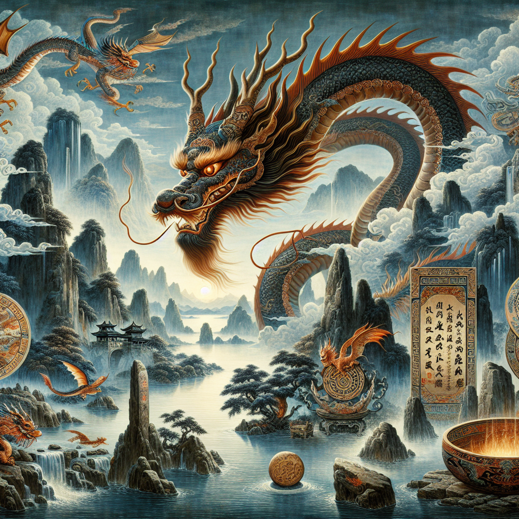 Create a painting that captures the essence of dragon culture and dragon spirit. This should depict a dragon with majestic, sweeping scales, and fiery eyes showing wisdom. Around the dragon, the elements of dragon culture, such as ancient relics, sacred symbols, and mythical tales etched onto stones should be evident. The environment should be mysterious, with a mix of mountainous and oceanic elements, to represent the diverse habitats of dragons as per mythology. Please remember to use a pre-1912 traditional Chinese painting style in depicting this scene.
