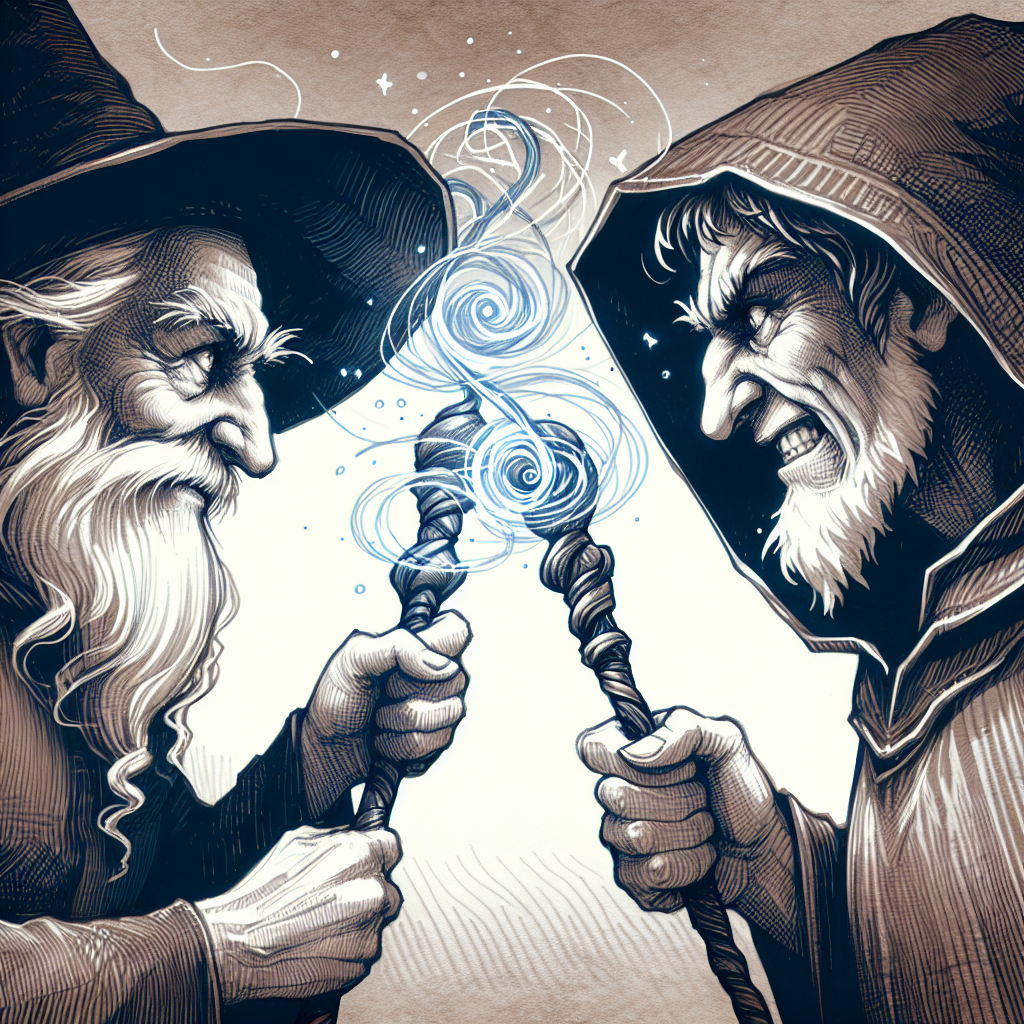 An older wizard with serene facial expressions and a younger wizard with a menacing look are engaged in an intense duel, pointing magical staffs at each other. The older wizard exudes an air of calm and kindness while the face of the younger wizard is twisted into a snarl, both amplified by the swirls of magic emanating from their staffs.