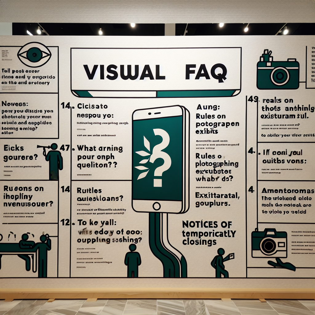 An image of a visual FAQ board displayed in an exhibition hall. It illustrates detailed responses to queries commonly asked by visitors: rules on photographing exhibits, notices of temporary closings, among other things.
