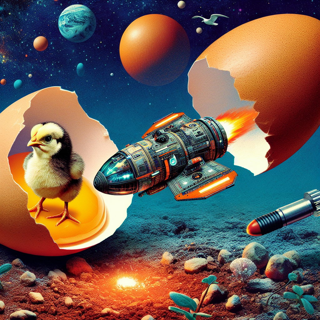 An image of a chicken laying an egg, but to everyone's surprise, a spaceship is inside the egg. A chick can be seen driving the spaceship. Unexpectedly, the chick's bottom is hit by a shot. The elements are surreal, with vivid colors and detailed representation.