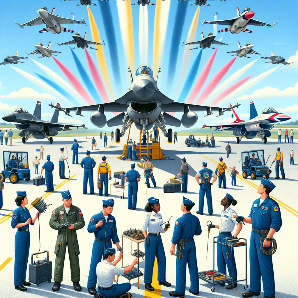An image depicting the activities of an air force. It's a sunny day and the air force personnel are actively working to complete their tasks. On the ground, several fighter jets and helicopters are lined up neatly, ready for flight. There are people wearing air force uniforms of various descents such as South Asian, Hispanic, and Caucasian. The mechanics, a Black woman, and a Middle Eastern man, are servicing a fighter jet diligently. In the blue sky, a formation of fighter jets driven by pilots of different genders, races, and descents is releasing a trail of colorful smoke, creating a stunning visual in the sky.