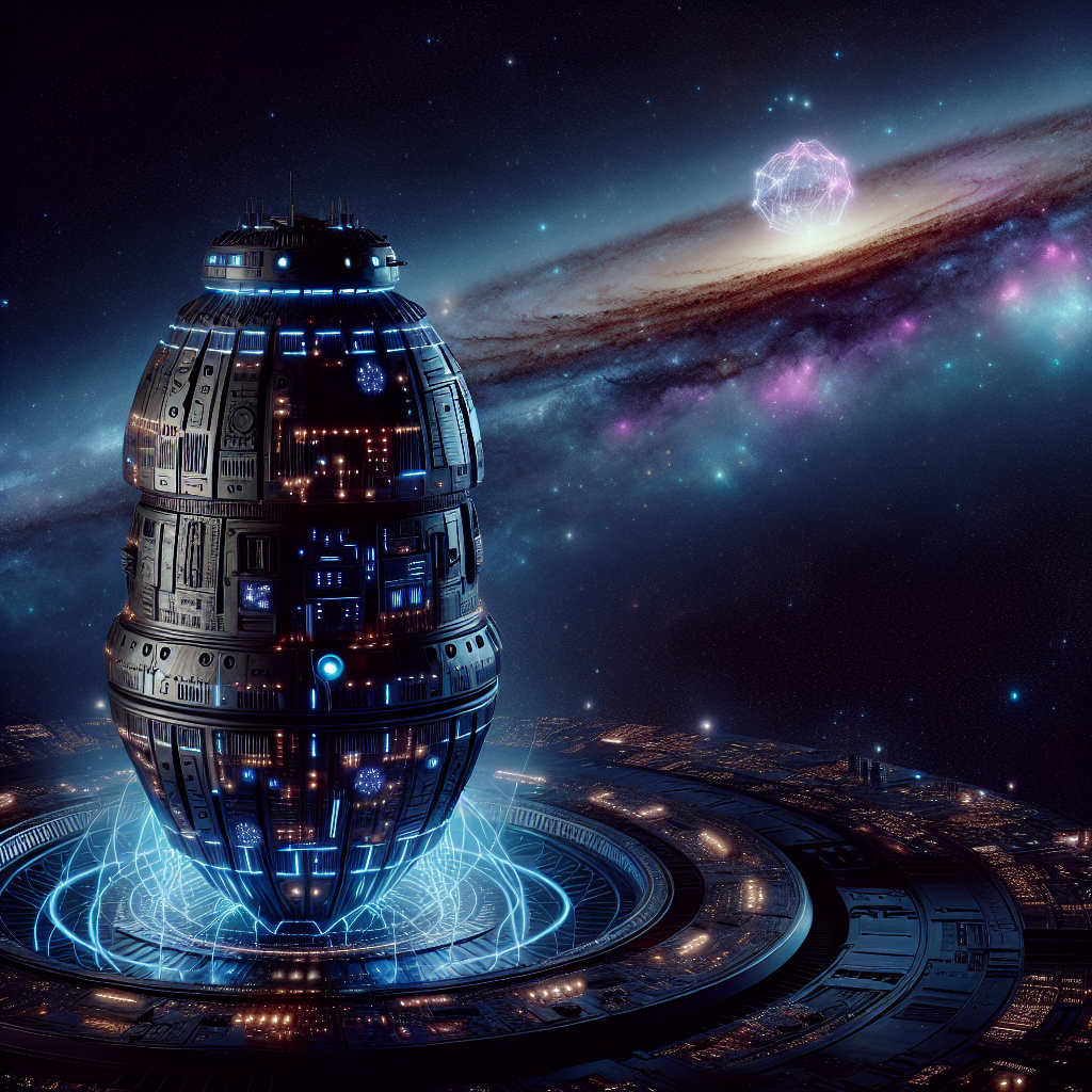 A science fiction scene visualizing an ultra nuclear weapon in a galaxy far away. The weapon, colossal in size, with an outer shell adorned with glowing lines akin to circuitry, reflecting a menacing light. The galaxy around it, twinkling with a million stars, nebulae diffusing hues of blues and purples, creating an enigmatic background. Distant planets and celestial bodies are seen orbiting nearby stars, illuminating the vast expanse of cosmic space. Note: This image should remain a product of pure imagination and fiction, avoiding any reference to real-world equipment or military technology.