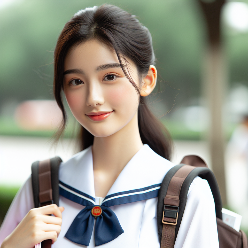 A beautiful Chinese high school girl, donned in a traditional modern Chinese school uniform. She has a subtle smile on her face and her hair is neatly tied back. She is holding a backpack over her left shoulder and a textbook in her right hand. The aura is one of dedication to studies and youthfulness.