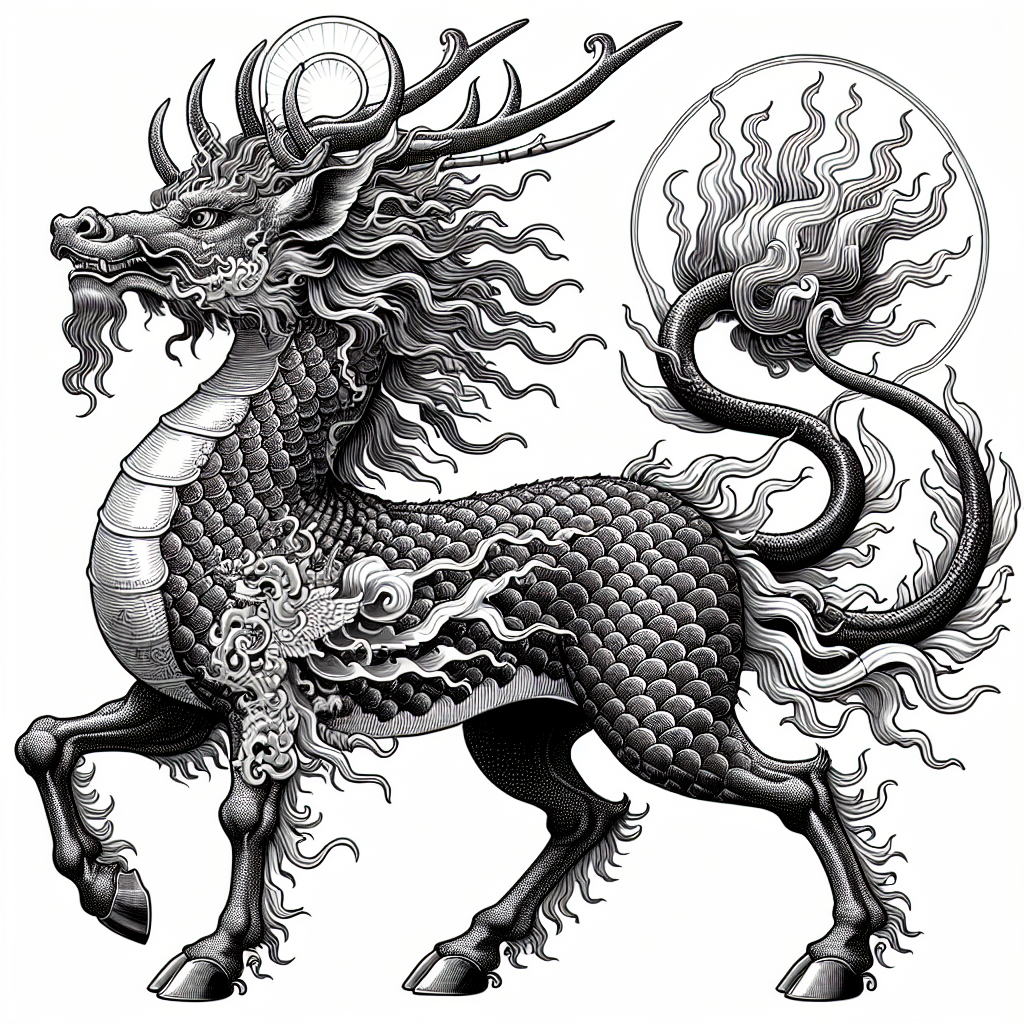 Generate an image of a mythological creature known as Kirin, also known as Qilin. It is often depicted as a creature with a body of a deer, the tail of an ox, the hooves of a horse, and a body covered in scales. A single horn rests on its head, representing beauty and serenity. The Kirin appears only in the presence of a ruler with a just and righteous heart.