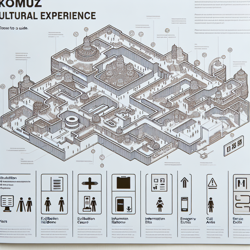 An intricate map of a Komuz Cultural Experience Exhibition, with the details provided in the final section of a guide. The map indicates the specific location of various exhibition areas and service facilities. Please include elements like exhibition halls, restrooms, information counters, emergency exits, specific cultural exhibits, and signages in the image.
