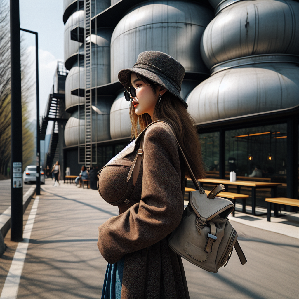 On a splendid spring afternoon, a slightly plump tall young woman with long hair, likely of Chinese descent, stands in front of a coffee shop. She is wearing sunglasses and a literary-style hat and carries a small bag on her back. The coffee shop has an unusual exterior which resembles a fuel storage tank, giving it a futuristic, technological vibe. She is captured in profile yet turning slightly to give a backwards glance. The young woman's full outline needs to be visible and she should be placed centrally in the image.