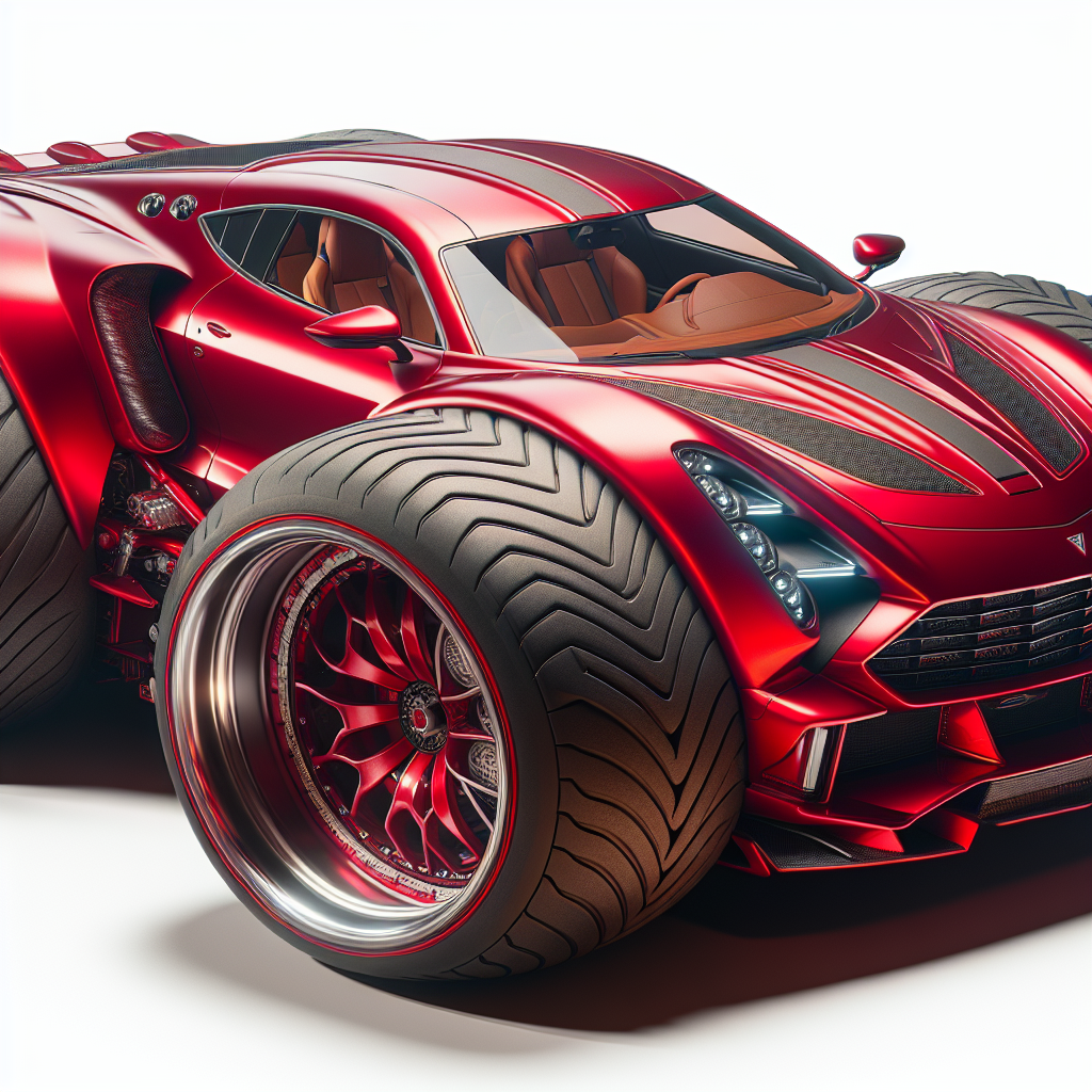 Visualize the world's chunkiest sports car with exaggerated wide tires, bloated body and a large and distinctive spoiler at the back. The car's color should be a rich red, with glossy shine under the light, the interiors are luxurious, with deep leather seats and a high-tech dashboard.