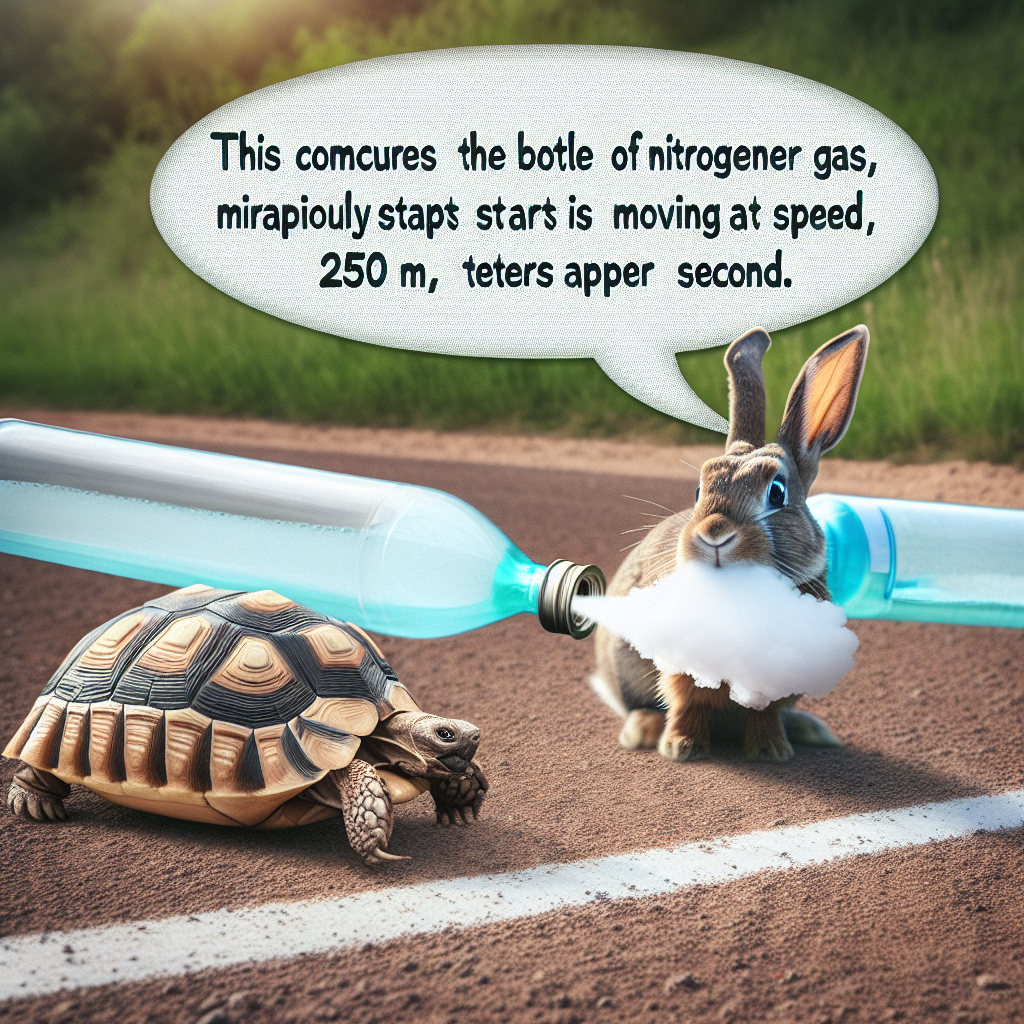 A race is underway between a tortoise and a rabbit. Adding a unique twist to the tale, the tortoise consumes a bottle of nitrogen gas and miraculously starts moving at a speed of 250 meters per second, leaving the rabbit astounded and far behind.