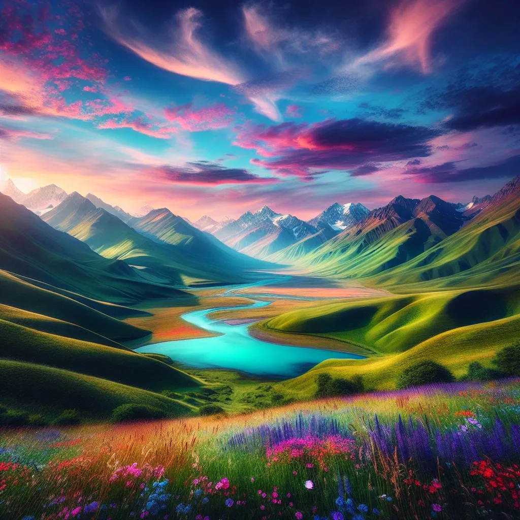 Generate an image of a stunning landscape. Envision rolling hills covered with vibrant green grass, dotted with colorful wildflowers. A crystal clear azure river meanders through these hills, its glossy surface reflecting the deep blue sky above. Majestic, snow-capped mountains erect in the distance, their peaks lost in the fluff of passing clouds. In the background, the warm hues of a setting sun paint the sky with strokes of pinks and purples, adding an additional layer of magical beauty to this serene natural scenery.