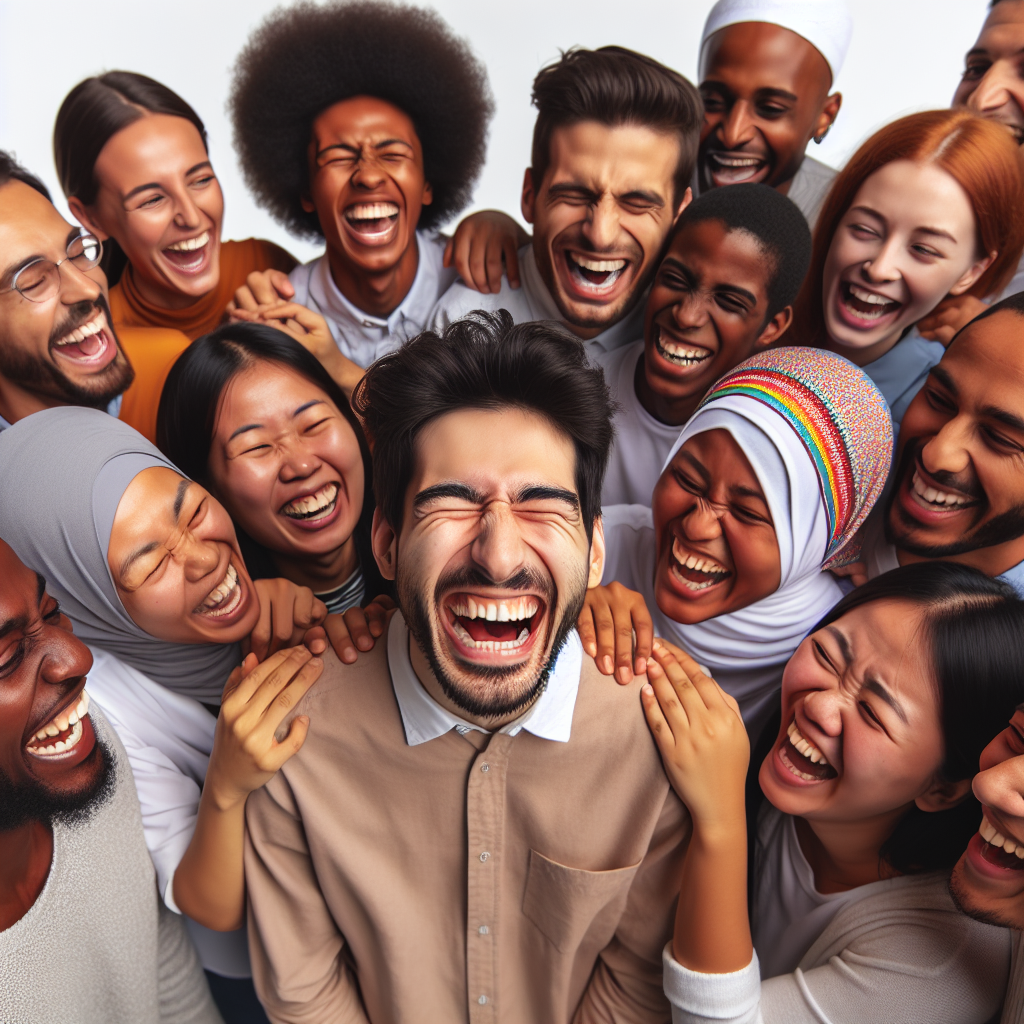 A group of people of mixed ethnicities such as Black, Caucasian, Hispanic, South Asian, and Middle-Eastern are surrounding and mockingly laughing at a single individual of non-specified ethnicity. Their emotions are clearly illustrated through their facial expressions and gestures.