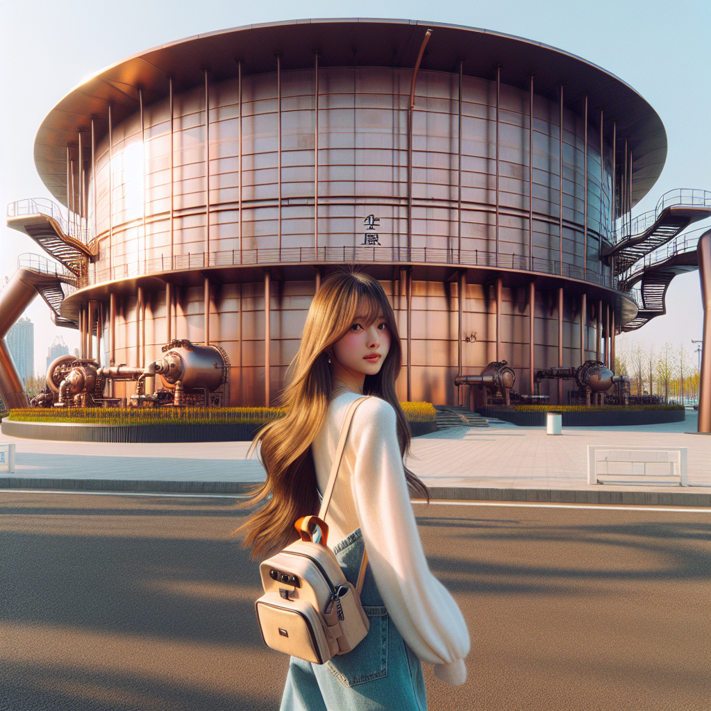 On a splendid spring afternoon, a tall, slightly plump Chinese girl with long hair is standing in front of a coffee shop shaped like an oil storage tank, carrying a small bag on her back. She is looking back over her shoulder, appearing to be captured in a photograph mid-gaze. The coffee shop that forms the backdrop has a design that exudes a futuristic and technologically advanced vibe.