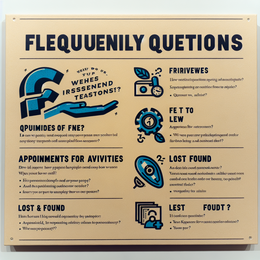 An image of a Frequently Asked Questions, or FAQ, section. This section showcases common queries and answers from visitors such as inquiries about exhibits, appointments for activities, and lost and found items.