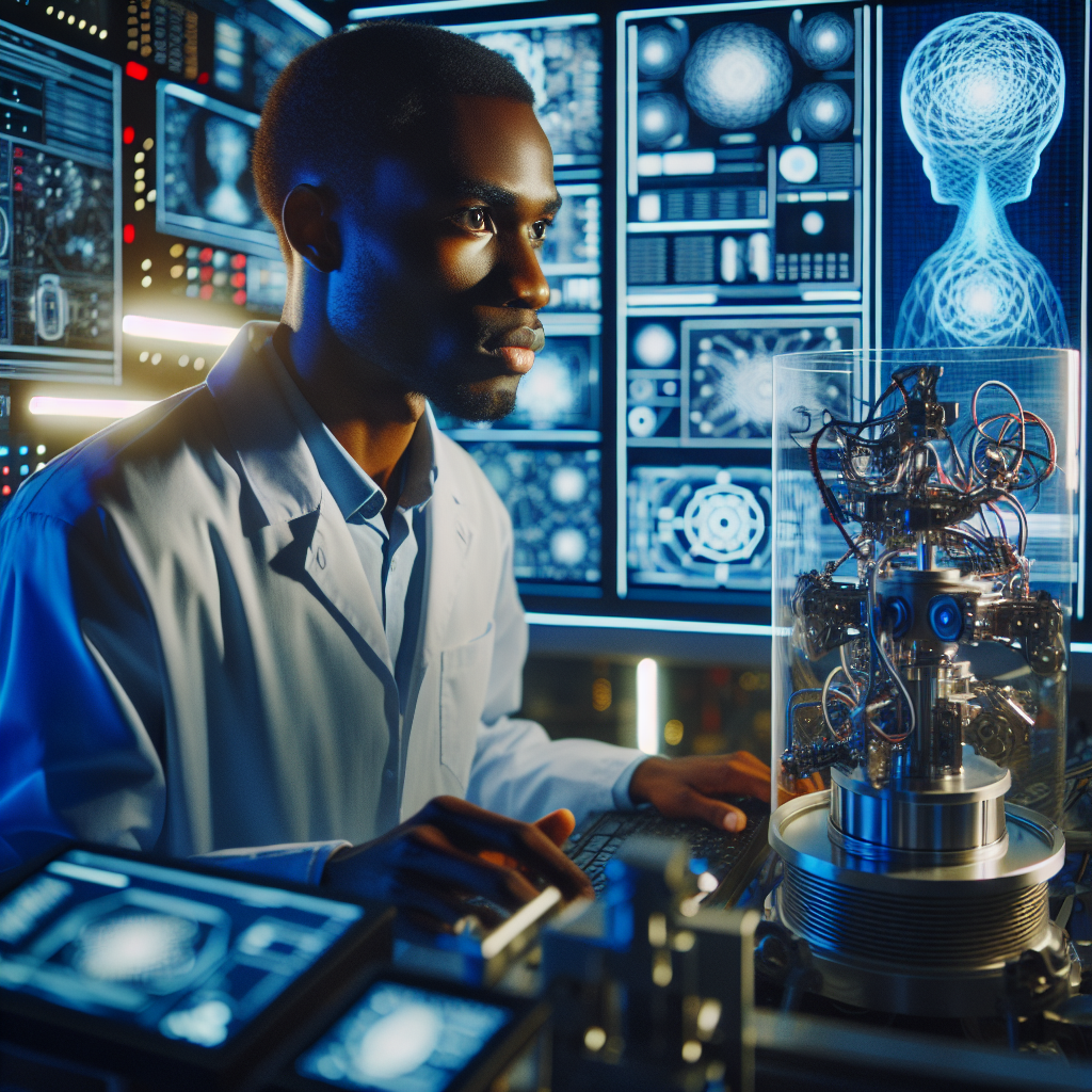 An African scientist in a high-tech laboratory, diligently working on advanced artificial intelligence technologies. He is seen standing amidst a range of futuristic equipment, consisting of large computer screens displaying complex algorithms, a holographic model of a machine learning structure, and intricate mechanical arms. His focused gaze suggests the intensity and passion of his research. The lab is bathed in a blend of cool and warm lighting, highlighting the contrasting elements of human ingenuity and mechanical precision.