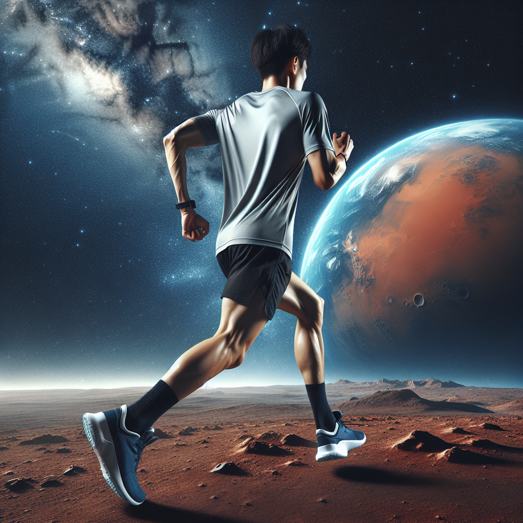 A fit young Chinese man, dressed in athletic shorts and a t-shirt, is running along the horizon of Mars. The passionate movement of running is seen from the back, his perfect physique outlined against a backdrop of the deep blue Earth and a starry sky.
