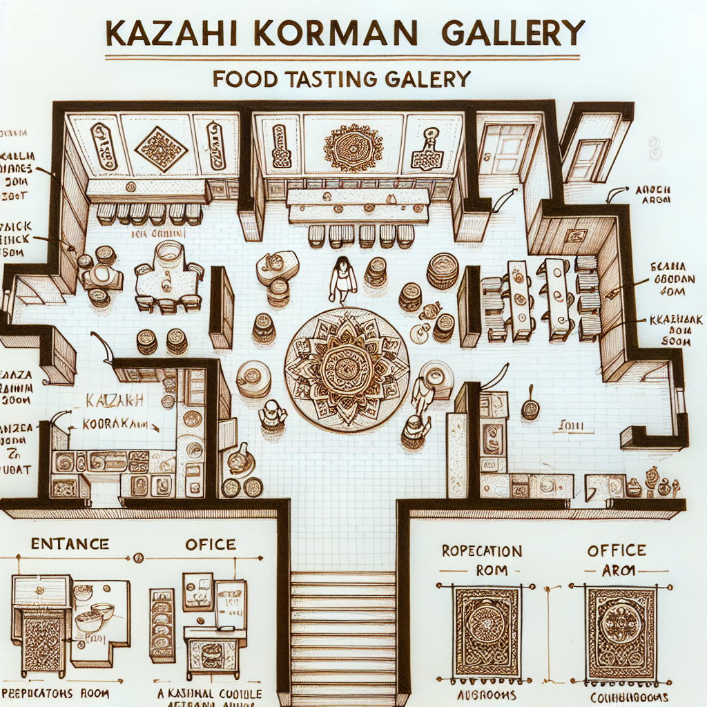 A drawn floor plan of a Kazakh Korma food tasting gallery. The floor plan features a broad entrance, a spacious tasting area where various types of Kazakh Korma dishes are displayed, a reception counter, an office room and restrooms. Other areas include a preparation room where culinary artisans prepare the dishes, a traditional Kazakh cultural exhibit, and a small gift shop selling Kazakh craft items. The layout invites visitors to participate in the culture and enjoy the experience of sampling delicious Korma dishes.