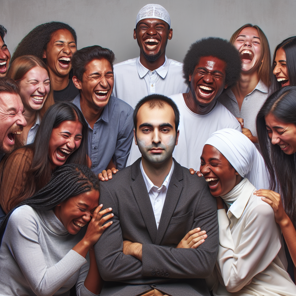 A group of individuals, an assembly of diverse genders and descents such as Hispanic women, African men, and Middle-Eastern individuals, all gathered around a single person laughing in mockery. The central figure, a South Asian man, remains unaffected, maintaining a calm and composed posture, evoking an image of strength and resilience amidst the sea of ridicule.